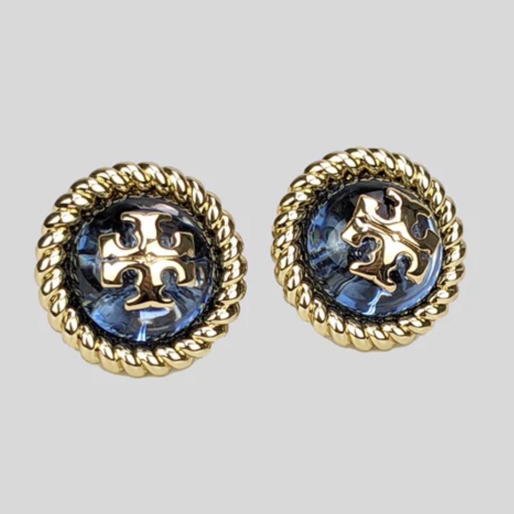 Tory Burch Rope Logo Resin Gold Blue Lotus Earrings